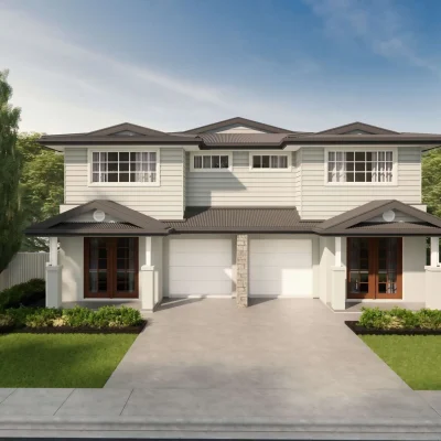 Chiswick home design exterior render by Clover Homes, ideal for narrow Sydney blocks with modern styling